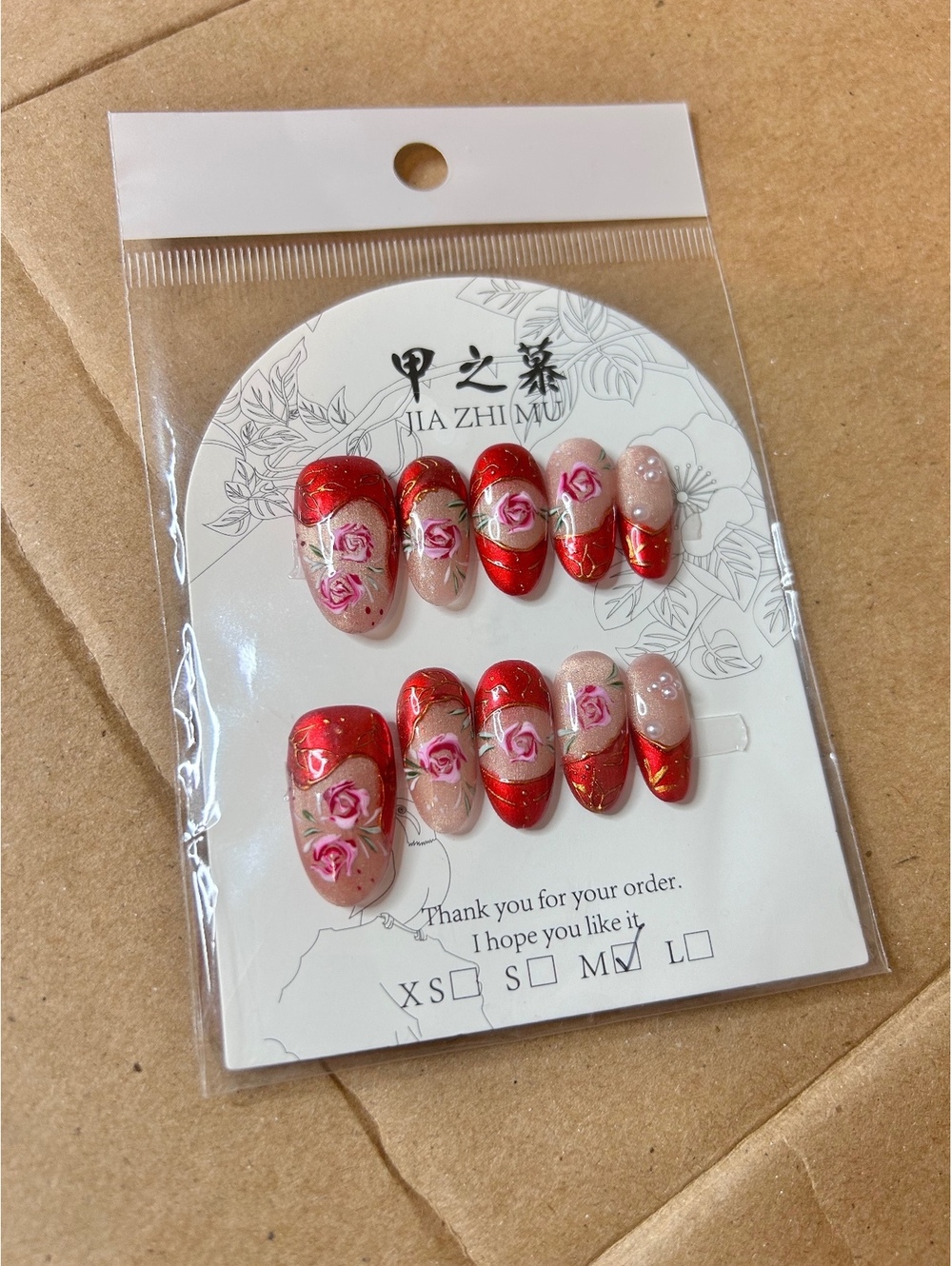 Jia Zhi Mu Red and Pink Floral Press-On Nails Set